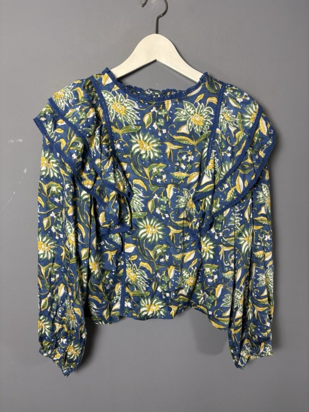 EMERSON FRY India Collection Womens S Filipa Blouse Top Blue Floral Print Ruffle